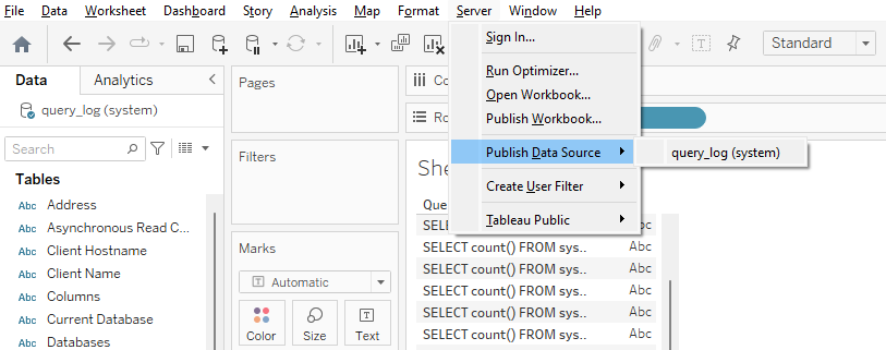 Tableau Desktop с меню Server и выделенной опцией Publish Data Source